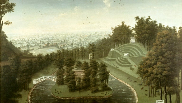 One of a series of paintings from an unknown artist of Claremont. This painting features a birds eye view of Claremont's lake and amphitheatre.